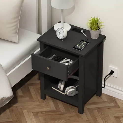 Miniatura 4 de ChooChoo - Juego de 2 mesitas de noche en negro, mesa de noche con estación de carga, mesa auxiliar de noche con tapa de madera, cajón y espacio