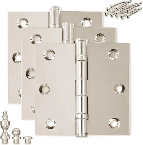 Miniatura 10 de Bisagra de puerta de latón macizo, rodamiento de bolas pulido de 3.5 x 3.5 pulgadas con puntas decorativas de rosca incluidas, juego de 2 bisagras