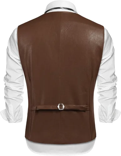 Miniatura 6 de COOFANDY Chaleco de traje de cuero para hombre, ajustado, casual, chaleco occidental, chaleco ligero con cuello en V