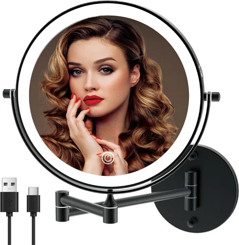 Espejo de maquillaje recargable montado en la pared iluminado 20,3 cm doble cara con aumento 1X 10X para baño, iluminación de 3 colores, pantalla