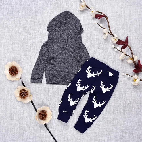 Miniatura 2 de Conjunto de 2 sudaderas con capucha con estampado de ciervo y bolsillo superior + pantalones largos a rayas para otoño