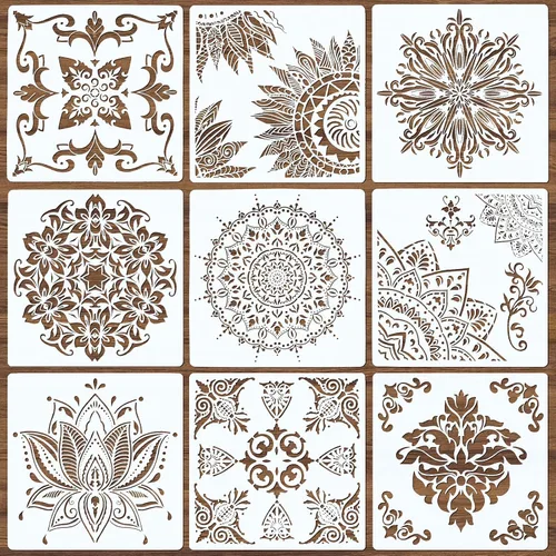 Paquete de 9 plantillas reutilizables grandes con mandala, plantillas de pintura cortadas con láser, para pared de madera, azulejos, tela,