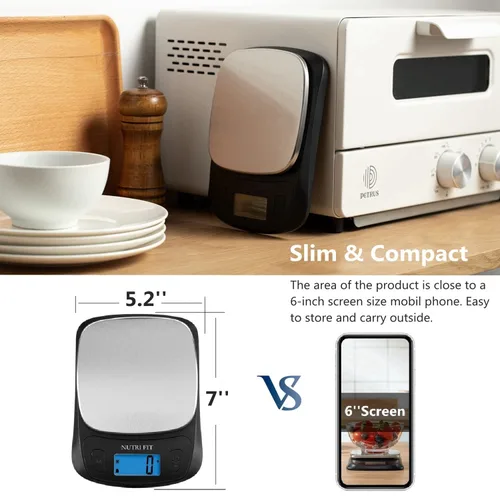 Miniatura 7 de NUTRI FIT Báscula de cocina ultra delgada, báscula digital de peso de alimentos para hornear cocinar en gramos y onzas, pantalla LCD retroiluminada