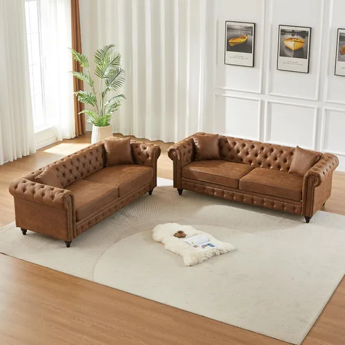 Miniatura 13 de Juego de sofá moderno de 2 piezas de mediados de siglo, sofá Chesterfield retro con botones copetudos, muebles para la sala, cómodo asiento profundo