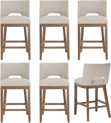 Miniatura 12 de Chairus Juego de 2 taburetes de bar de 26" sin brazos, acolchados con respaldo de madera y patas, taburetes tapizados en tela de lino para encimera