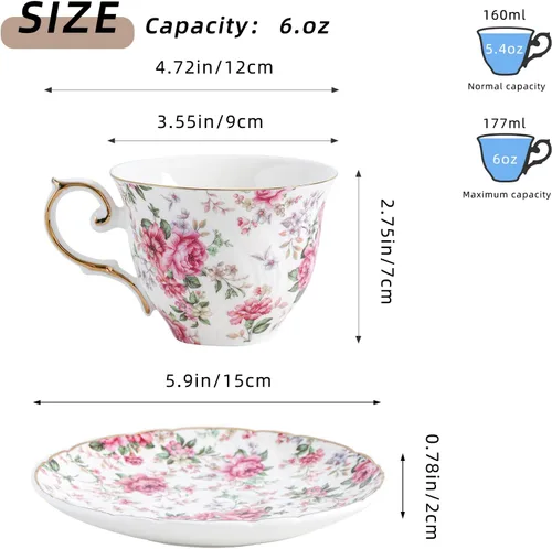 Miniatura 2 de Agyiuns tazas y platillos de cerámica para café, 6oz, taza de café para café, latte, café moca y té - Juego de 4 (Flores grandes - Juego de 4)