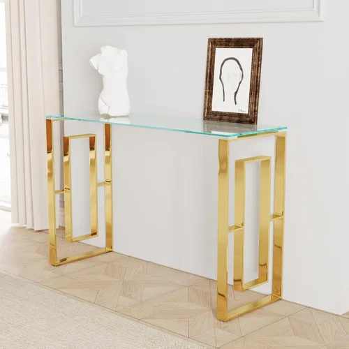 Miniatura 3 de Mesa consola de cristal, moderna mesa de entrada de 47.2 pulgadas, parte superior de vidrio con base de acero inoxidable, mesa de sofá estrecha