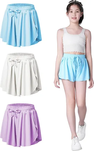 Pantalones cortos fluidos con diseño de mariposa para niñas, pantalones cortos deportivos para niños pequeños y jóvenes con forro 2 en 1 para