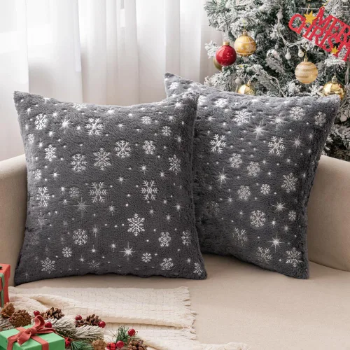 Miniatura 11 de MIULEE - Juego de 2 fundas de cojín decorativas de Navidad, hechas de piel sintética suave con copos de nieve plateados y brillantina, para Verde