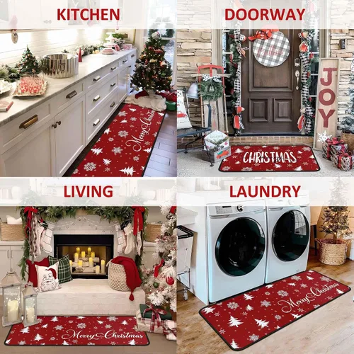 Miniatura 4 de Juego de 2 alfombras y tapetes de cocina de Navidad, decoraciones navideñas para el hogar, parte trasera antideslizante, tapete de cocina de Copo