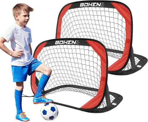 BOHEN Porterías de fútbol desplegables para niños, red de fútbol portátil plegable para exteriores, interiores, patio trasero y playa (3.3 x 2.2 Rojo
