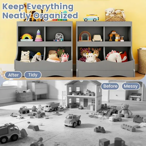 Miniatura 7 de Costzon Organizador de almacenamiento de juguetes, estantería para niños de 4 compartimentos con estribo y tarjeta de nombre, estantería de madera