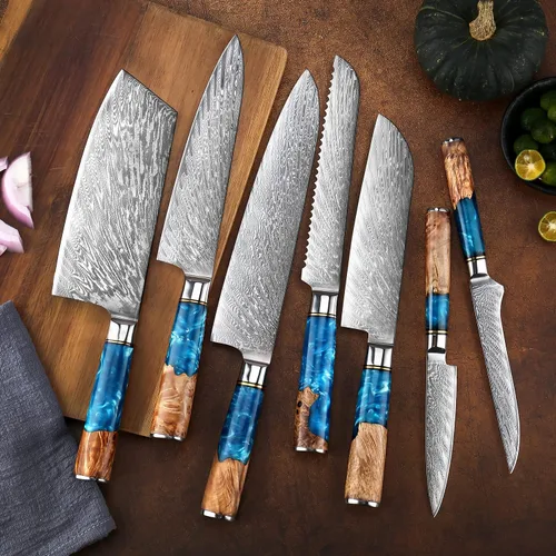 Miniatura 9 de SENKEN - Juego de cuchillos de cocina de Damasco de 7 piezas, colección Tsunami, acero japonés VG10 de 67 capas, cuchillo de chef, cuchilla