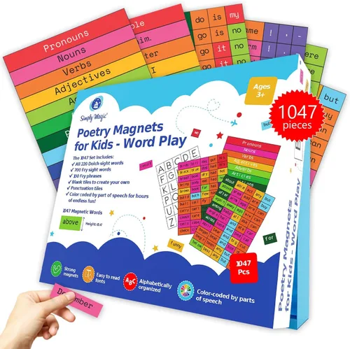 1047 imanes de poesía para niños, palabras magnéticas, imanes de nevera para nevera, imán de palabras para refrigerador, construcción de oraciones,