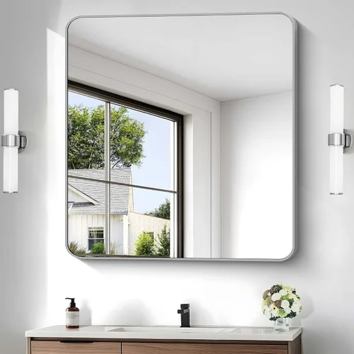 Miniatura 17 de Espejo de baño de 18 x 24 pulgadas con marco de metal negro rectangular, espejo de tocador rectangular de esquinas redondeadas, espejo de pared