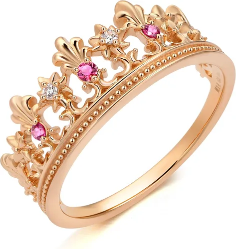 CHOW SANG SANG Anillo de oro rosa de 18 quilates (color G-H, claridad SI1-SI2) diamante de 0.02 quilates y corona de piedras preciosas de rubí de