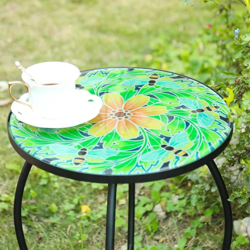 Miniatura 9 de VCUTEKA Mesa Auxiliar para Exteriores Mesa Auxiliar de Mosaico Mesa Auxiliar para Patio Mesa Auxiliar Pequeña con Tapa de Vidrio Mesa de Centro