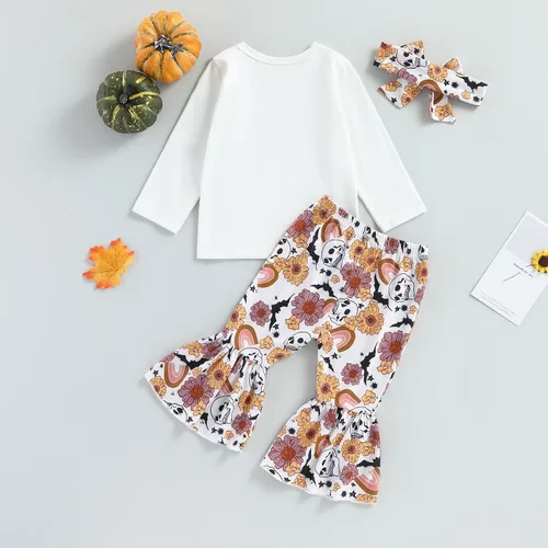 Miniatura 6 de Hnyenmcko Conjunto de ropa de Halloween para bebé niña, camiseta de manga larga con letras y pantalones de campana de calabaza con diadema, 3