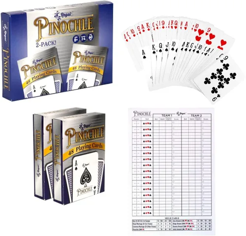 Regal Games Pinochle - Juego de 2 cartas para adultos con hojas de puntuación y 2 barajas de cartas Pinochle, noche de juego familiar divertida,