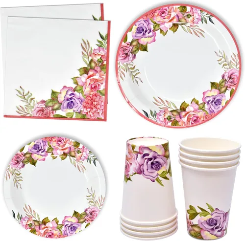 Gift Boutique Juego de 96 piezas de suministros de fiesta de flores rosas y moradas, platos de papel, servilleta para niña, baby shower, té,