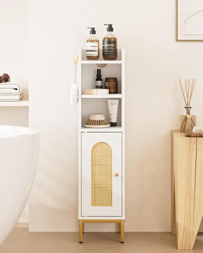Miniatura 17 de Gabinete de Almacenamiento para Baño, Pequeño Mueble de Esquina de Piso con 2 Ganchos, Gabinete Estrecho para Papel Higiénico con Puerta de Ratán