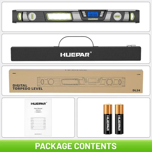Miniatura 9 de Huepar Nivel digital de 24 pulgadas, nivel de torpedo electrónico magnético profesional con pantalla LCD, alertas audibles, IP54 a prueba
