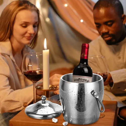 Miniatura 2 de Cubo de hielo para champán con tapa de pinzas, cubo de doble pared para barra de vino, congelador con soporte y asa de transporte, cubo de acero