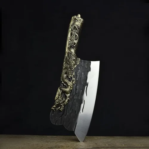 Cuchillo de carne, cuchillo de chef Longquan de China de 8.5 pulgadas, cuchillo de chef vintage con mango de cobre, cuchillo de carnicero en