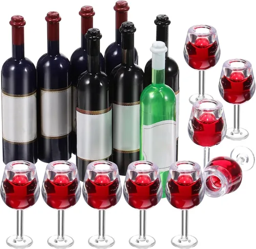 NUOBESTY - Juego de 10 copas de vino en miniatura para casa de muñecas con 8 mini botellas, color rojo oscuro, decoración de copa pequeña para casa