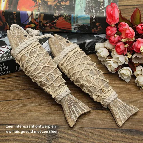 Miniatura 5 de Paquete de 2 piezas de arte de pared de peces de madera, decoración colgante de peces tallados a mano, adorno decorativo de peces para tema náutico