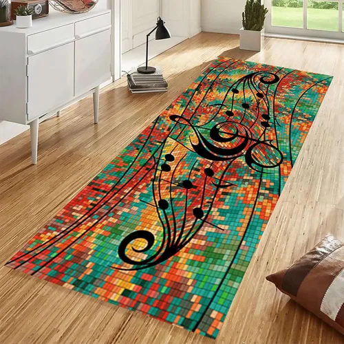 Alfombra de pasillo de notas musicales, 2 x 7 pies, música retro, líneas melodías abstractas, a cuadros, alfombra musical de los años 80 y 90,