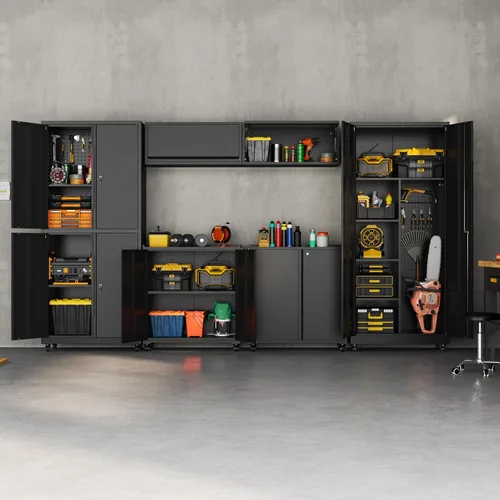 Miniatura 2 de Armario de Almacenamiento de Metal para Garaje con Ruedas, Armario para Escobas con Cerradura con Estantes Ajustables, Gabinete de Herramientas