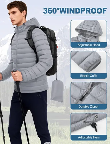 Miniatura 4 de Chaqueta acolchada ligera y plegable para hombre, con capucha, aislada, resistente al agua, para esquí, senderismo, viajes
