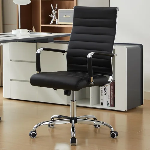 Silla de escritorio de oficina de cuero, sillas de sala de conferencias con ruedas, sillas ejecutivas modernas para invitados con brazos (negro)