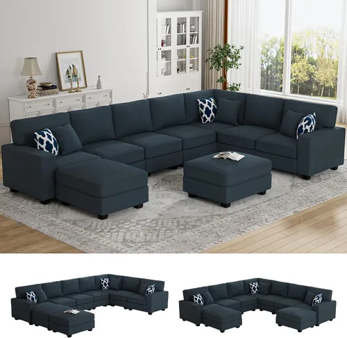Miniatura 39 de Legend Vansen - Sofá modular seccional en forma de U con otomano, moderno, reversible, de esquina, para sala de estar (Créma, Sofá en forma de U-3)