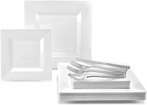 Miniatura 7 de OccasionS - Paquete de 80 platos, (40 invitados), juego de platos cuadrados de plástico desechables para fiesta de boda, cena de 40 x 9.5 pulgadas