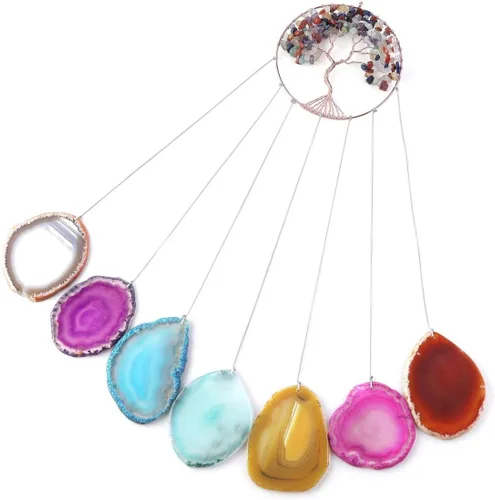 Miniatura 5 de Yoption Campanilla de viento conmemorativa con diseño de árbol de la vida, 7 chakras de cristal natural para decoración del hogar, jardín, 15.7-17.7