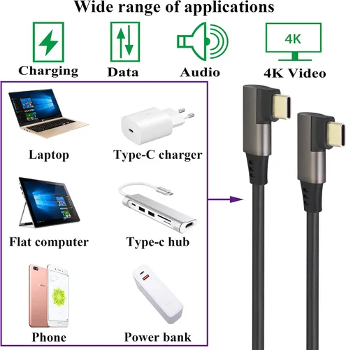 Miniatura 7 de Cable USB 3.1 tipo C de 90 grados en ángulo derecho e izquierdo 3.1 USB tipo C macho 4K a 60Hz Gen 2 Cable de extensión compatible con carga, datos