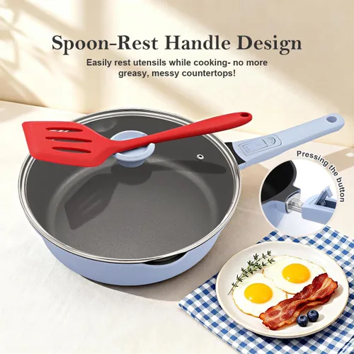 Miniatura 5 de Sartén antiadherente de 10 pulgadas de profundidad con tapa, sartén antiadherente de 4 cuartos de galón, utensilios de cocina no tóxicos, compatible
