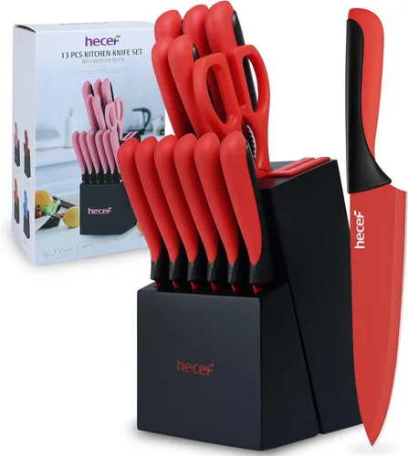 Miniatura 11 de hecef Juego de cuchillos de cocina de 15 piezas con bloque de madera con afilador integrado, apto para lavavajillas, juego de bloques de cuchillos