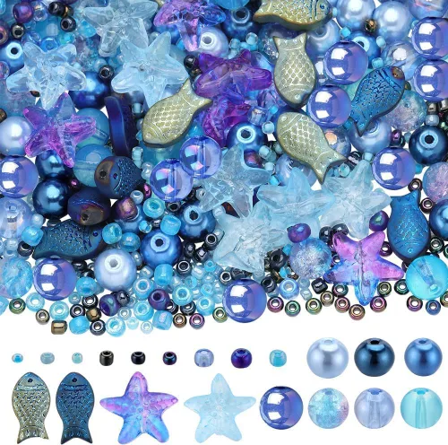 SUNNYCLUE 1 Caja 540 piezas Kit de Cuentas Oceánicas Vidrio Verano Pez Estrella de Mar Dijes Azul Hawaii Animales Marinos Dije Cuentas de Semillas