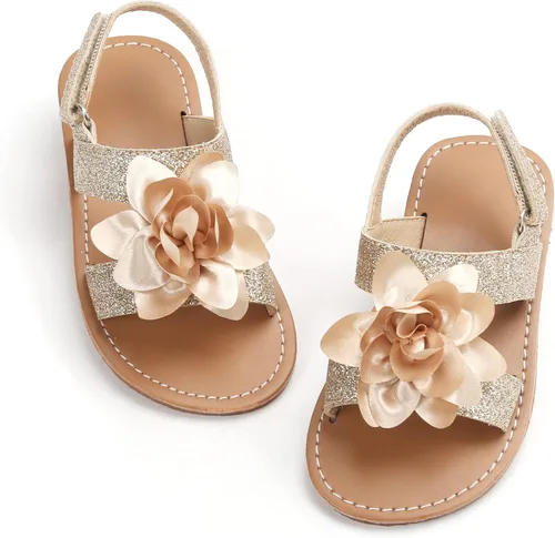 Felix & Flora Sandalias para niña pequeña - Zapatos de vestir para niña de flores, puntera abierta, zapatos planos de verano para niños pequeños