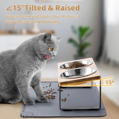Miniatura 4 de Cuencos elevados mejorados para gatos con alfombrilla para comida, soporte inclinado a 15° anti-vómito, cuencos elevados para gatos para comida