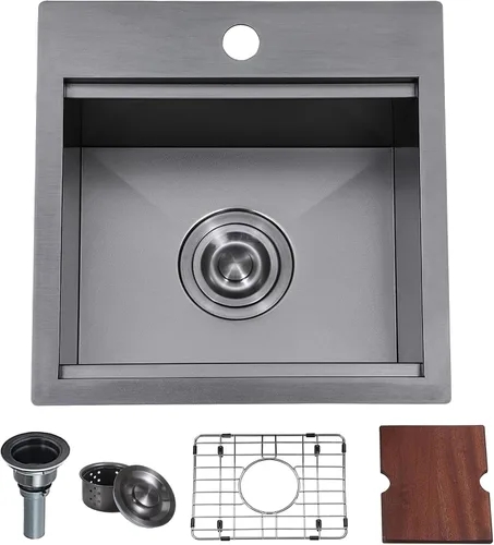 Miniatura 13 de VAPSINT Fregadero de barra de 15 x 15 pulgadas, fregadero de cocina pequeño hecho a mano de acero inoxidable de 16 calibres para preparación