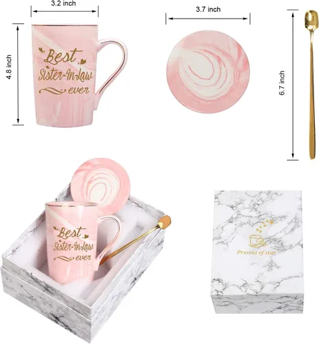Miniatura 6 de Taza con texto en inglés "Best Sister in Law Ever", regalos de hermana o cuñado, 14 onzas, color rosa con caja de regalo, cuchara, posavasos
