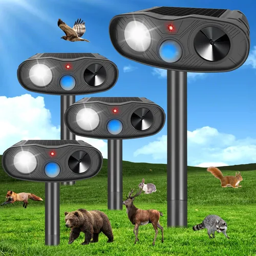 Paquete de 4 repelentes solares ultrasónicos de gatos para exteriores, repelente solar de animales, detección de movimiento, repelente de gatos,