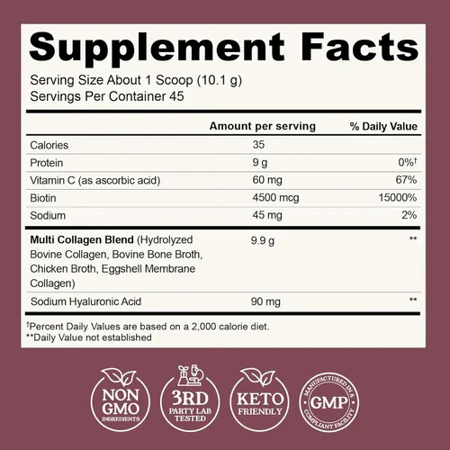 Miniatura 3 de Polvo de péptidos de colágeno múltiple tipo I, II, III, V, X Polvo de proteína de colágeno múltiple con ácido hialurónico, biotina, vitamina C