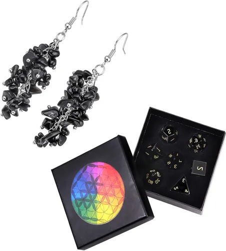 Nupuyai Aretes de cuentas de cristal curativo natural irregular y 7 piezas de dados poliédricos de cristal D&D para juegos de rol RPG MTG