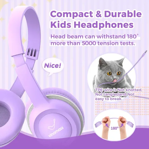 Miniatura 2 de vinamass Auriculares para niños, auriculares con cable para niños con limitador de volumen seguro, auriculares para niños con cable de 0.138 in