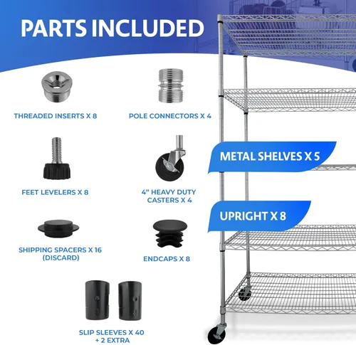 Miniatura 5 de Estante de alambre resistente de 4000 LBS de 48 x 18 x 76, estante rodante comercial NSF de 5 niveles con ruedas, estantería de metal cromado